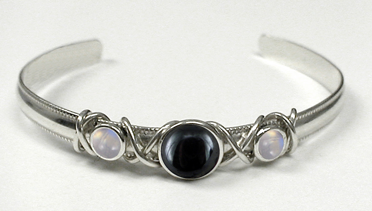 Sterling Silver Hand Made Cuff Bracelet With Hematite And Rainbow Moonstone